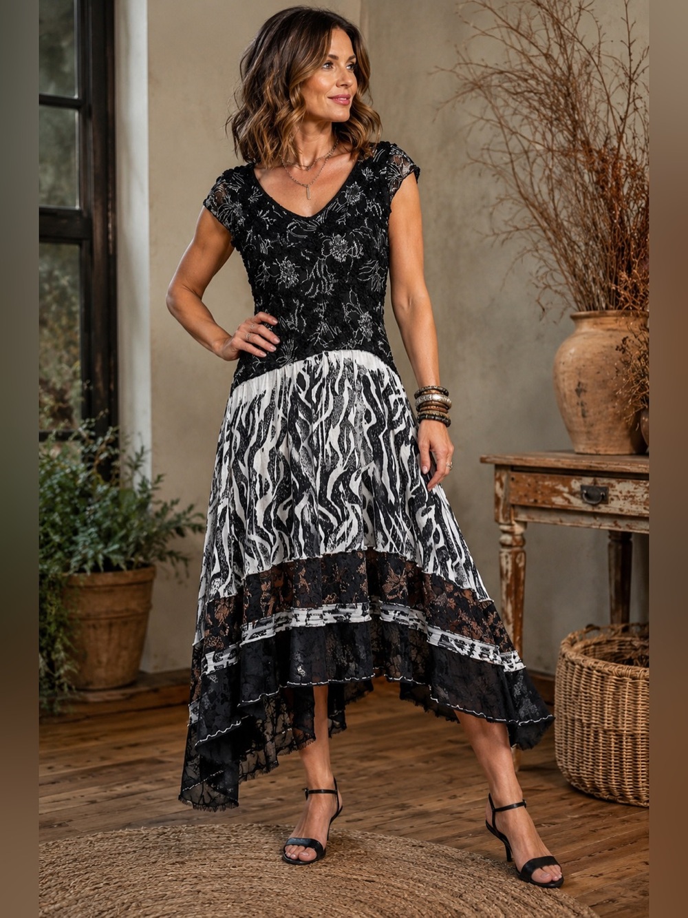 Mezon Black White Lace Zebra Print Midi Dress Boho Art to Wear M